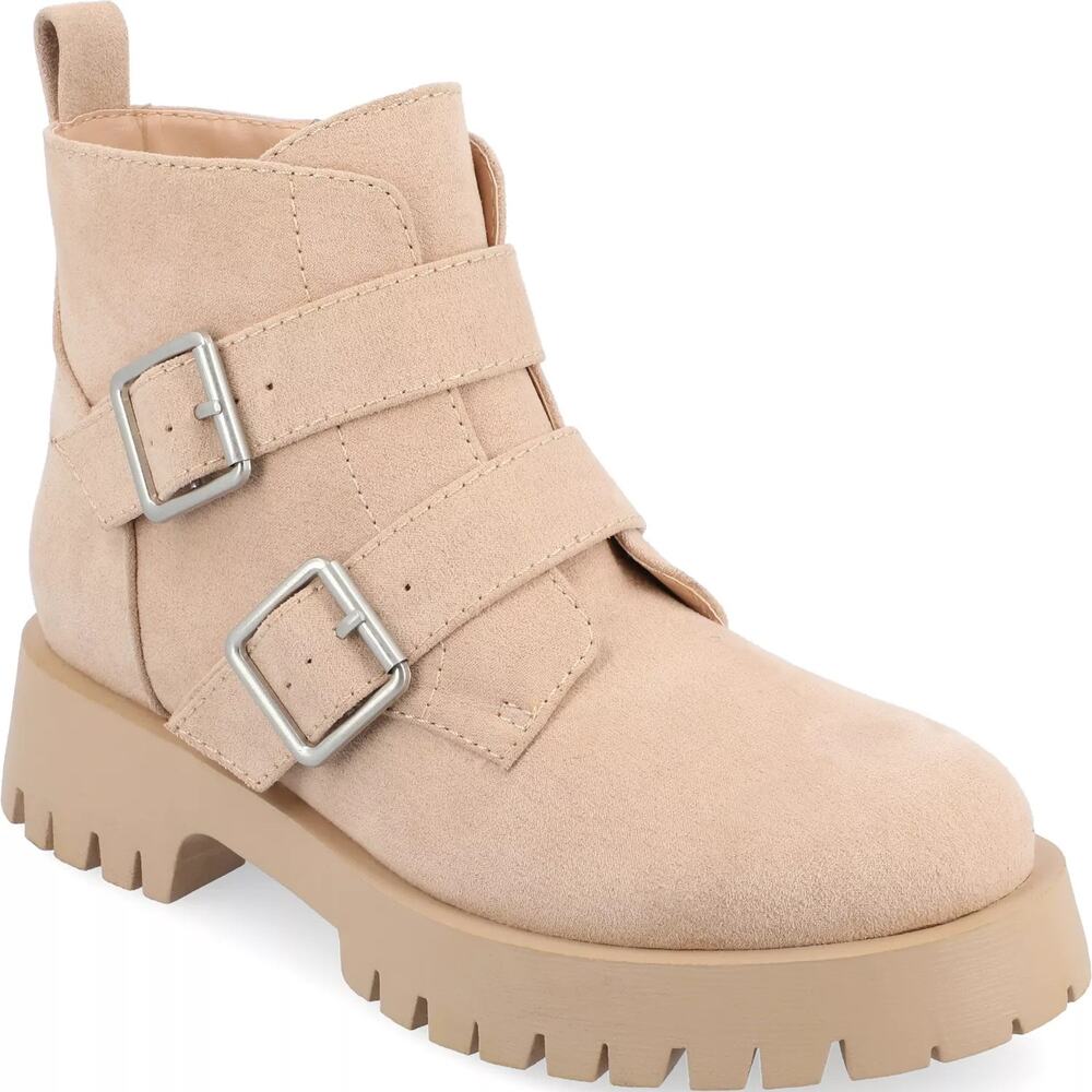 Journee Collection Women Maebry Ankle Moto Booties Size US 7.5M Beige Faux Suede